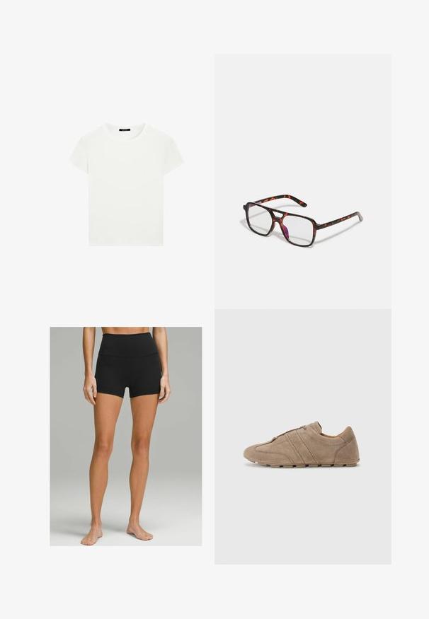 T-shirt blanc uni à manches courtes et col ras du cou, ajusté, présenté à plat sur un fond blanc.; Shorts noirs taille haute en tissu extensible, avec une texture lisse, un design ajusté et une longueur mi-cuisse. Pas d'accents visibles.; Chaussures en suedine beige avec une profil bas, présentant des coutures et une surface texturée, complétées par des semelles extérieures en caoutchouc offrant une traction.; Lunettes en écaille de tortue avec des verres rectangulaires, monture noire et orange, avec une finition brillante et des branches fines.