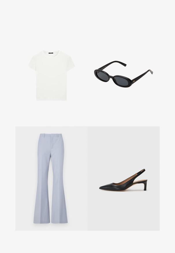 Effen witte T-shirt met korte mouwen en een ronde hals, met een slim fit, vlak weergegeven tegen een witte achtergrond.; Lichtblauwe flared broek met een zachte textuur, voorzien van een rechte voorkant, twee zijzakken en een schone tailleband.; Zwarte leren slingback pump met een puntige neus, lage hak en een gladde textuur. Beschikt over een dunne verstelbare band voor een veilige pasvorm.; Zwarte oversized zonnebril met ovale lenzen, een glad plastic montuur en gouden accenten op de pootjes. Donkere lenzen bieden bescherming tegen de zon.