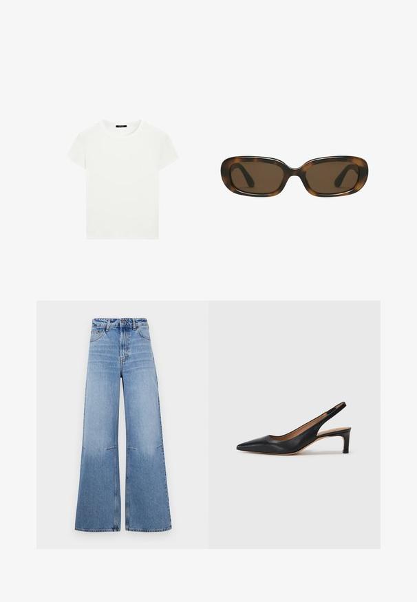 Jednoduché bílé tričko s krátkým rukávem a kulatým výstřihem, slim fit, vystavené rovně na bílém pozadí.; Světle modré džíny s širokými nohavicemi a vysokým pasem, s předními kapsami a švy, které probíhají vertikálně po nohavicích.; Černé kožené slingback lodičky s špičatou špičkou, nízkým podpatkem a hladkým povrchem. Disponují tenkým nastavitelným páskem pro bezpečné uchycení.; Skořicové sluneční brýle s hladkým, zaobleným obdélníkovým rámem a hnědými skly. Mají tenké, zakřivené ramena s lesklým povrchem.