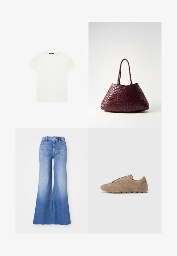 Rak vit kortärmad t-shirt med rund halsringning och slim fit, lagd platt mot en vit bakgrund.; Uppvikta denimjeans i ljusblå tvätt, med hög midja, distinkta vida ben och en lätt blekning mot fållen. Knappar och dragkedja.; Beige mockaskor med låg profil, med stickade linjer och en strukturerad yta, kompletterade med gummibaserade sulor för bra grepp.; DRAGON DIFFUSION SANTA CROCE BIG - Handväska - bordo