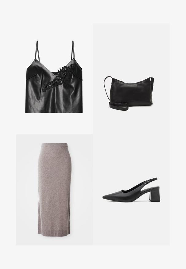 Top in pelle nera con spalline sottili, caratterizzato da un intricato ricamo nero sul collo e una texture liscia e lucida.; Gonna a tubo di lunghezza ginocchio in maglia taupe con cintura e orlo a costine, dotata di fessure laterali per un comfort e uno stile aggiuntivi.; Scarpa con tacco slingback in pelle nera, con punta appuntita e tacco a blocco chunky. Presenta una tracolla regolabile con fibbia in metallo.; Borsa a spalla in pelle nera con una texture liscia, forma curva, tracolla regolabile e chiusura con zip. Design minimalista senza ornamenti.