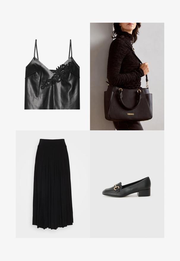 Zwarte nepleren camisolet met verstelbare spaghetti bandjes en ingewikkelde zwarte borduursels in een bloemmotief aan de voorkant.; Zwarte plissé rok met een hoge, elastische tailleband. Gemaakt van zachte stof, met verticale plooien voor een vloeiende silhouet.; Zwarte lederen instappers met een platte hak, met een decoratieve gouden hardware detail aan de voorkant en een gladde textuur.; Zwarte handtas met gestructureerd oppervlak, dubbele bovenhandvatten en verstelbare schouderriem. Voorzien van goudkleurige hardware en zijzakken.