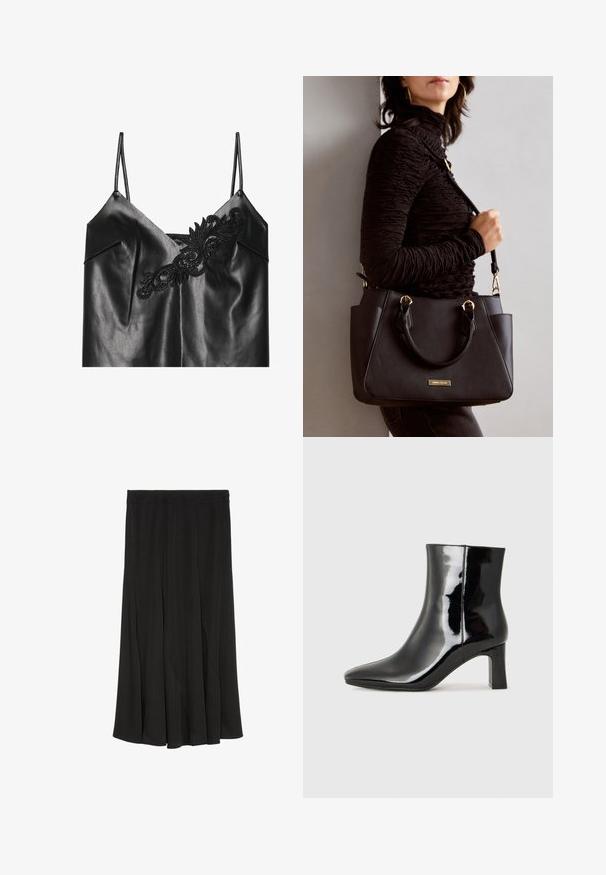 Juodos dirbtinės odos kamizelė su reguliuojamomis plonomis petnešėlėmis ir sudėtinga juodos gėlių siuvinėjimo dekoracija priekyje.; Marc O'Polo Trapecinis sijonas - black; Juodos lakuotos odinės aulinukės su smailiu pirštu ir vidutinio aukščio blokuotu kulnu. Lygus paviršius ir minimalistinis dizainas.; Juodas rankinės maišelis su struktūrizuota paviršiumi, dvigubais viršutiniais rankenėlėmis ir reguliuojamu peties diržu. Įrengtas aukso spalvos furnitūra ir šoninės kišenės.