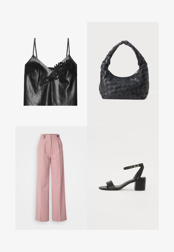 Zwart leren cami-top met dunne bandjes, voorzien van ingewikkelde zwarte borduursels op de halslijn en een gladde, glanzende textuur.; Roze wijde broek met een gladde textuur, voorzien van een hoge taille, twee knopen bovenaan en plooien die langs de voorkant lopen.; Zwarte hoge sandaal met een soepel leren bovenkant, een open teen, brede voorkruisbanden en een verstelbare enkelband met een gouden gespdetail.; Zwarte leren geweven schoudertas met een ronde handgreep en een maansvormig lichaam op een effen achtergrond.