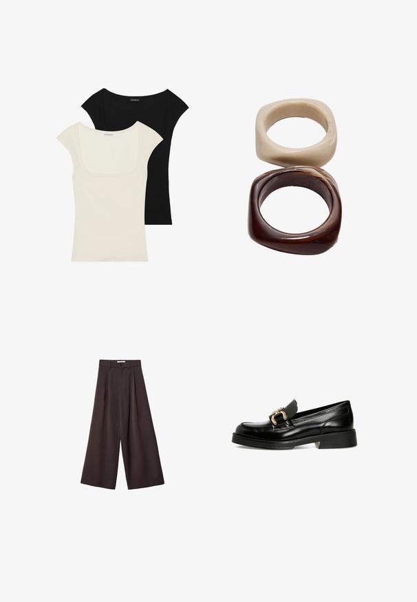Dve priliehavé tričká s krátkym rukávom: jedno čierne a jedno krémové. Obe majú štvorcový výstrih a rebrovanú textúru s hladkým povrchom.; Čierne široké nohavice s vysokým pásom, so záhybmi vpredu a zapínaním na gombík v páse, vyrobené z hladkého materiálu.; Čierna kožená loafer s dekoratívnou zlatou prackou. Má hladký povrch, zaoblený špičku a nízky blokový opätok s textúrovanou podrážkou.; Stradivarius SET - Náramok - dark brown