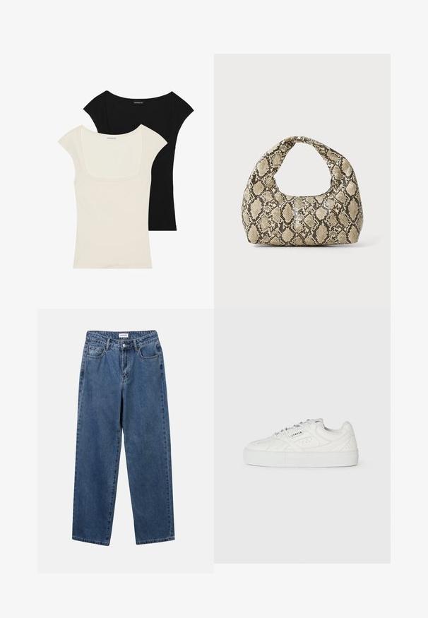 Due magliette aderenti a maniche corte: una nera e una off-white. Entrambe presentano uno scollo quadrato e una texture a coste, con una finitura liscia.; Jeans in denim blu classico con design a gamba dritta, cinque tasche e chiusura con bottone. Presentano un lavaggio medio e una trama robusta.; Sneaker bianca a basso profilo con design con lacci, dettagli perforati e "CPNHGN" stampato sul lato, su uno sfondo bianco uniforme.; Borsa a stampa rettile con manico curvo. Realizzata in materiali testurizzati beige e marroni, presenta un distintivo motivo a rombi.