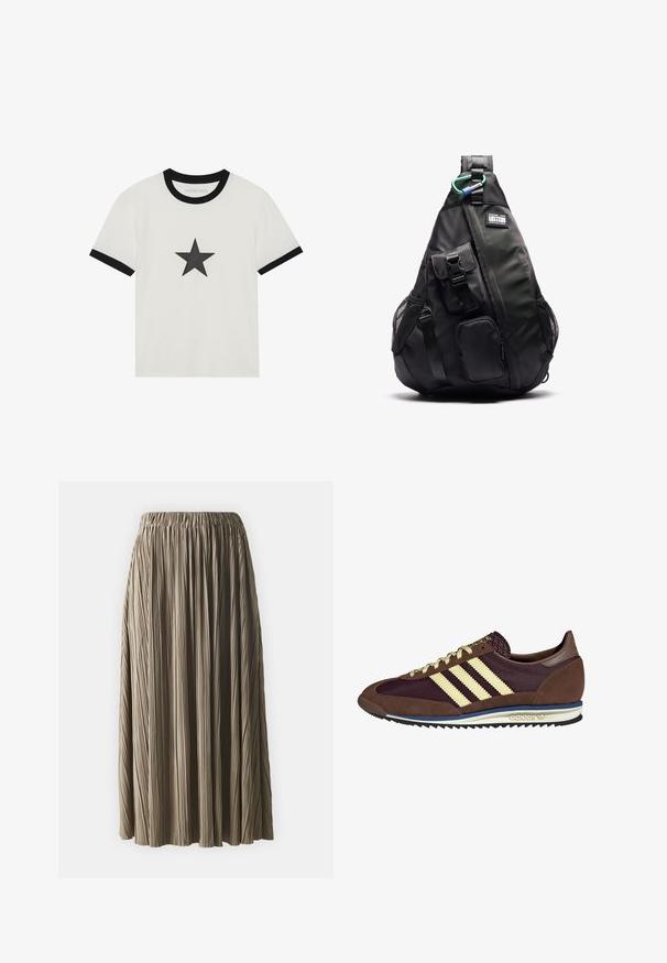 Valkoinen t-paita mustalla resorikauluksella ja hihojen taitteilla; etuosassa musta tähtigrafiikka. Pehmeää puuvillakangasta.; Samsøe Samsøe UMA - A-linjainen hame - lead gray; Ruskea ja burgundin värinen lenkkari, jossa on yksityiskohtina mokkaa ja verkkomateriaalia, kolmea kermaista raitaa, tekstuuripinta kielekkeessä ja kumipohja.; YOURTURN UNISEX - Reppu - black