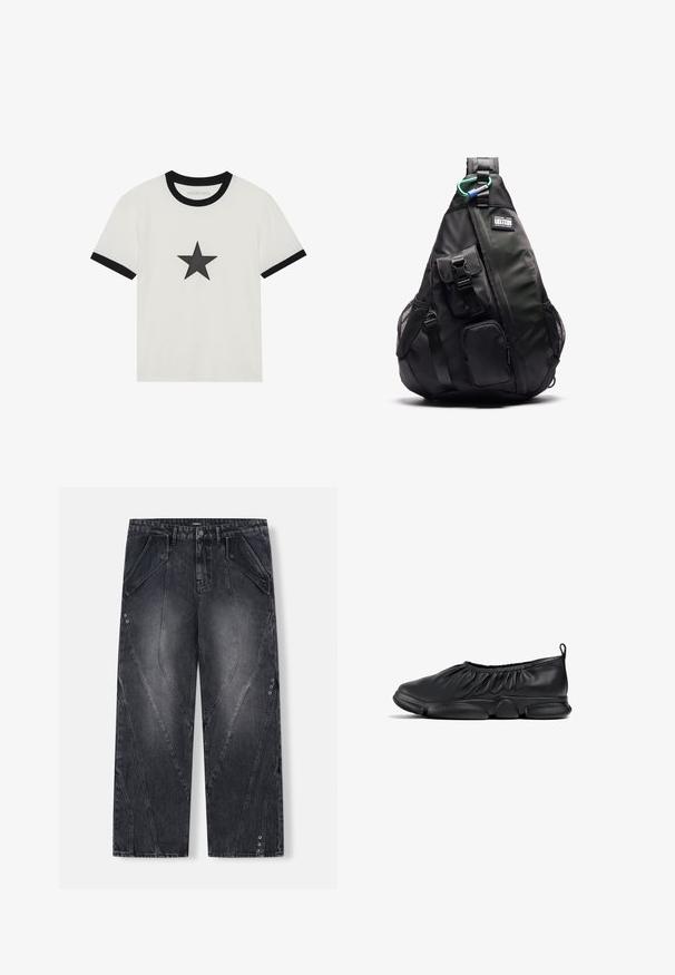 Weißes T-Shirt mit schwarzem Ringer-Ausschnitt und Ärmelbündchen; verfügt über ein schwarzes Stern-Graphic auf der Vorderseite. Weiches Baumwollmaterial.; Schwarze Denim-Hose mit weitem Bein, kantigen Nähten, übergroßen Taschen und Metallschaltknöpfen. Verfügt über einen verblassten Waschungseffekt und einen geraden Schnitt.; Schwarzer Slipper mit gerafftem elastischen oberen Teil, glattem Lederoberteil und rundem Gummisohle. Einfaches Design ohne sichtbare Beschläge oder Akzente.; YOURTURN UNISEX - Tagesrucksack - black