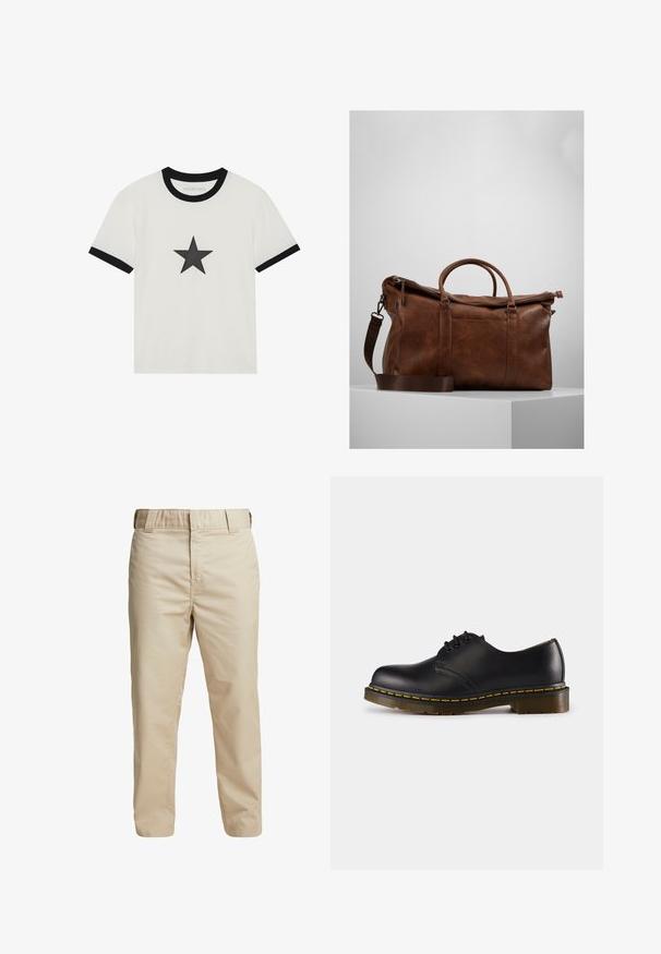 Vit t-shirt med svart ringer vid kragen och ärmsluten; har en svart stjärngrafik på framsidan i mitten. Mjuk bomullsmaterial.; Beiga bomullsbyxor med smal passform, raka ben och bälteshällor; slät textur och minimalistisk design utan synliga detaljer.; Svart lädersko med rund tå, snörningsdesign, gula stygn längs sulan och en kraftig, texturerad gummisula.; Brun läder resväska med dragkedjestängning, dubbla handtag, justerbar axelrem och synliga texturmönster på ytan.