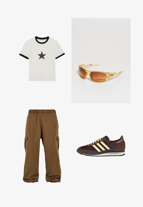 Fehér póló fekete szegélyű kerek nyakkal és ujjakkal; a elülső részen középen fekete csillag grafika található. Puha pamut anyag.; Barna, puha anyagból készült, laza szabású melegítőnadrág, elasztikus derékpánttal, tapered szárakkal és oldalsó cargo zsebekkel.; Barna és bordó sneaker velúr és hálós anyagból, három krémcsíkkal, texturált anyaggal a nyelvén és gumitalppal.; Sárgás árnyalatú napszemüveg téglalap alakú barna lencsékkel, textúrázott kerettel és szögletes szárakkal, logóval díszítve.; YOURTURN UNISEX - Hátizsák - black