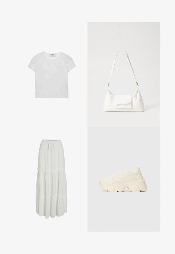 Bílá tričko s krátkým rukávem a kulatým výstřihem, vyrobené z jemné bavlny, s jednoduchým a čistým designem bez viditelných vzorů nebo akcentů.; VILA VIMESA - Maxi sukně - cloud dancer; Chunky bílé tenisky vyrobené z texturované síťoviny a syntetických materiálů, s tlustou podrážkou a složitými vzorovými detaily podél stran.; Bílá syntetická kabelka v trojúhelníkovém tvaru, s plochým předním klopným víkem a detailem mašle, nastavitelným popruhem, hladkým povrchem a minimalistickým designem.