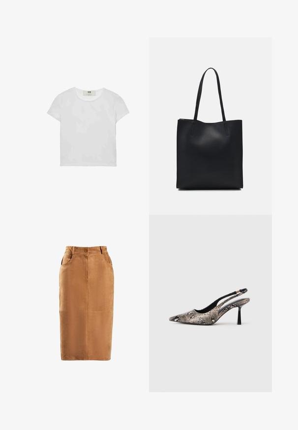 Bela majica s kratkimi rokavi in okroglim ovratnikom, izdelana iz mehke bombažne tkanine, ki ima preprost, čist dizajn brez vidnih vzorcev ali poudarkov.; Rjava semična krila iz nubuka z visokim pasom, sprednjim gumbom, dvema stranskima žepoma in vertikalnimi šivi. Gladka tekstura.; Cipele s izrezanim leđima i uskim potplatom, s karakterističnim oblikom na vrhu i teksturiranim uzorkom zmijske kože, imaju tanke crne potpetice i otvoreni dizajn sa strane.; Črna usnjena torba s svilnato teksturo, pravokotne oblike in dvema dolgima ročajema. Brez vidnih metalnih delov ali okrasnih elementov.