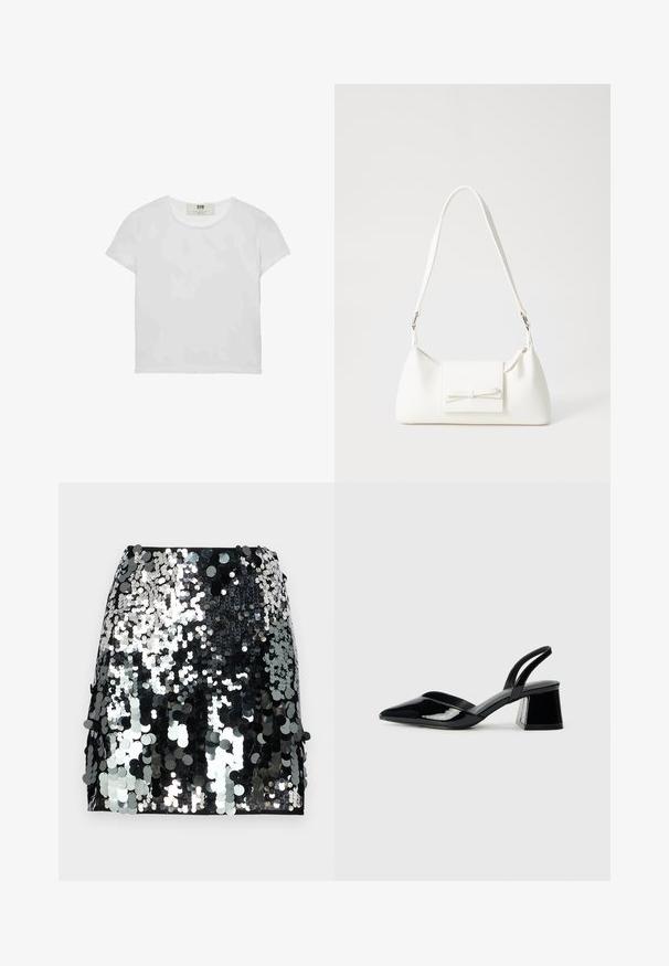 T-shirt bianco a maniche corte e girocollo, realizzato in cotone morbido, con un design semplice e pulito, privo di motivi o dettagli visibili.; Minigonna nera con paillettes, caratterizzata da una superficie lucida con paillettes circolari sovrapposte in diverse tonalità di nero e argento.; Décolleté in vernice nera con punta affusolata e tacco in geometria cubica. Presentano un design elegante e minimalista, con una texture liscia.; Borsa sintetica bianca a forma triangolare, con patta anteriore piatta e dettaglio a fiocco, tracolla regolabile, texture liscia e design minimalista.
