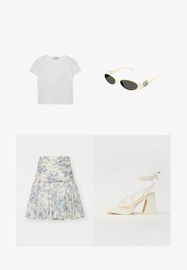 Lyhythemmtä, pyöreäkauluksista valkoista t-paitaa, joka on valmistettu pehmeästä puuvillasta. Paidassa on yksinkertainen, selkeä muotoilu ilman näkyviä kuvioita tai korostuksia.; Kevyt kukkaneuleinen hame, jossa on kermaista ja sinistä väriä, rypytetty vyötärö ja laskostettu muotoilu, valmistettu pehmeästä kankaasta, jossa on hieno rakenne.; Valkoinen korkokenkä, jossa on paksu korko, ja joka sisältää nauhakiinnityksen ja nilkkaketjun. Sujuva pinta, jossa on platform-etupohja lisäkorkeutta varten.; Kermanväriset aurinkolasit, joissa on soikeat linssit, musta sävy ja metalliset logoelementit tempuissa. Tasainen pinta, kissamainen muotoilu.; Beige laukku, joka on valmistettu pehmeästä materiaalista, ja siinä on rento muotoilu, ommeltu yksityiskohtia ja kaksi olkahihnaa. Sopii päivittäiseen käyttöön.