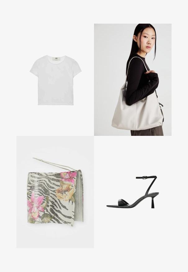 Lyhythemmtä, pyöreäkauluksista valkoista t-paitaa, joka on valmistettu pehmeästä puuvillasta. Paidassa on yksinkertainen, selkeä muotoilu ilman näkyviä kuvioita tai korostuksia.; Kädensilmäitä zebra-kuvioita, joissa on metalliverkko, ja siihen on lisätty pinkkejä ja oransseja kukkakoristeita. Mukana hopeinen ketjuhihna ja tupsuyksityiskohta.; Bershka Korolliset sandaalit - black; Beige laukku, joka on valmistettu pehmeästä materiaalista, ja siinä on rento muotoilu, ommeltu yksityiskohtia ja kaksi olkahihnaa. Sopii päivittäiseen käyttöön.