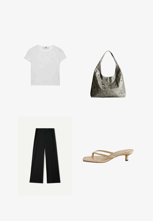 Biała koszulka z krótkim rękawem i okrągłym dekoltem, wykonana z miękkiej bawełny, charakteryzująca się prostym, czystym wzorem bez widocznych zdobień ani akcentów.; Bershka WIDE czarny; Beżowe sandały na obcasie z kwadratowym noskiem. Wykonane z gładkiego materiału, z cienkimi paskami i niskim obcasem blokowym.; Oliwkowa skórzana torebka o luźnym fasonie, z różnej wielkości okrągłymi wycięciami i akcentami w ciemniejszych i jaśniejszych odcieniach.