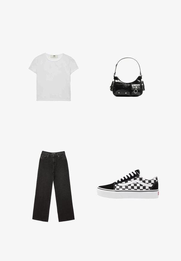 Weißes T-Shirt mit kurzen Ärmeln und Rundhalsausschnitt, aus weicher Baumwolle gefertigt, mit einem schlichten, sauberen Design ohne sichtbare Muster oder Akzente.; Schwarze weit geschnittene Jeans aus Denim, mit kleinen gepunkteten Mustern, klassischem Fünf-Taschen-Design und einem Knopf- und Reißverschluss.; Schwarz-weißes Schachbrett-Muster auf Canvas-Sneakern mit schwarzen Wildlederakzenten, weißen Schnürsenkeln und gummierter Sohle. Das Seitenlogo weist ein kontrastierendes Design auf.; Schwarze Lackleder-Handtasche mit geschwungenem Design, einem Schulterriemen, Vordertaschen und silberfarbenen Hardware-Akzenten.