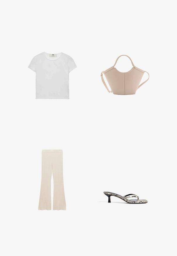 Biała koszulka z krótkim rękawem i okrągłym dekoltem, wykonana z miękkiej bawełny, charakteryzująca się prostym, czystym wzorem bez widocznych zdobień ani akcentów.; Kremowe, prążkowane spodnie dzwony z gładką talią i teksturowanym wykończeniem, zaprojektowane z myślą o wygodnym dopasowaniu.; Czarno-białe mule ze wzorem węża, z otwartym noskiem, dwiema smukłymi ramiączkami i niskim, prostokątnym obcasem. Gładka tekstura z błyszczącymi akcentami.; Beżowa skórzana torebka o unikalnym kształcie, z dwoma krótkimi uchwytami i długim, regulowanym paskiem. Gładka tekstura z minimalną ilością elementów metalowych.
