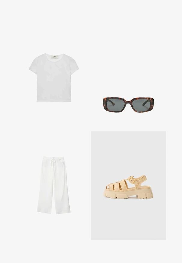 Short-sleeve, round-neck white t-shirt made of soft cotton, featuring a simple, clean design with no visible patterns or accents.; White wide-leg pants made of soft fabric, featuring a drawstring waist and two front pockets. Smooth texture and no visible patterns.; Beige platform sandals with woven straps and a buckle. Chunky sole with textured finish. Open toe design. Lightweight and casual.; Tortoiseshell sunglasses with rectangular lenses, thick frames, and dark tinted lenses. Smooth texture and minimalistic design.; Light gray leather bag with a U-shaped design and a curved metallic handle. Smooth texture with minimal stitching and no visible patterns.