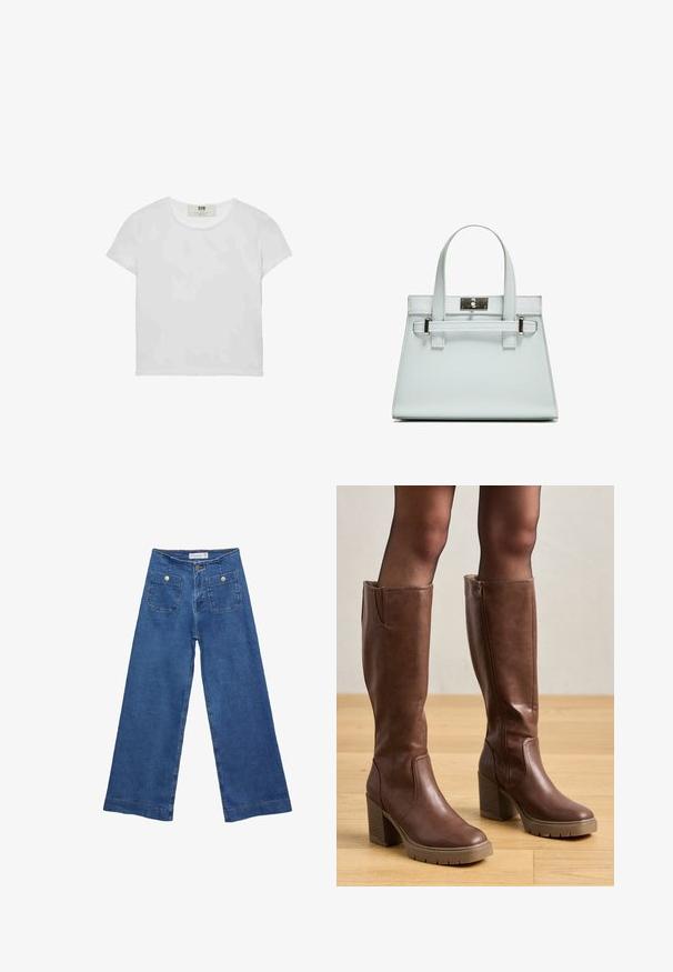 Weißes T-Shirt mit kurzen Ärmeln und Rundhalsausschnitt, aus weicher Baumwolle gefertigt, mit einem schlichten, sauberen Design ohne sichtbare Muster oder Akzente.; Denim-Hosen im weiten Schnitt mit einer mittleren blauen Waschung, zwei Vordertaschen mit Knopfverschluss und genähten Details entlang der Säume.; Anna Field Plateaustiefel - cognac; Helle blaue Handtasche mit strukturiertem Design, zwei Griffen und einem Beschlag aus silberfarbenem Metall. Texturiertes Material und scharfe Ecken.
