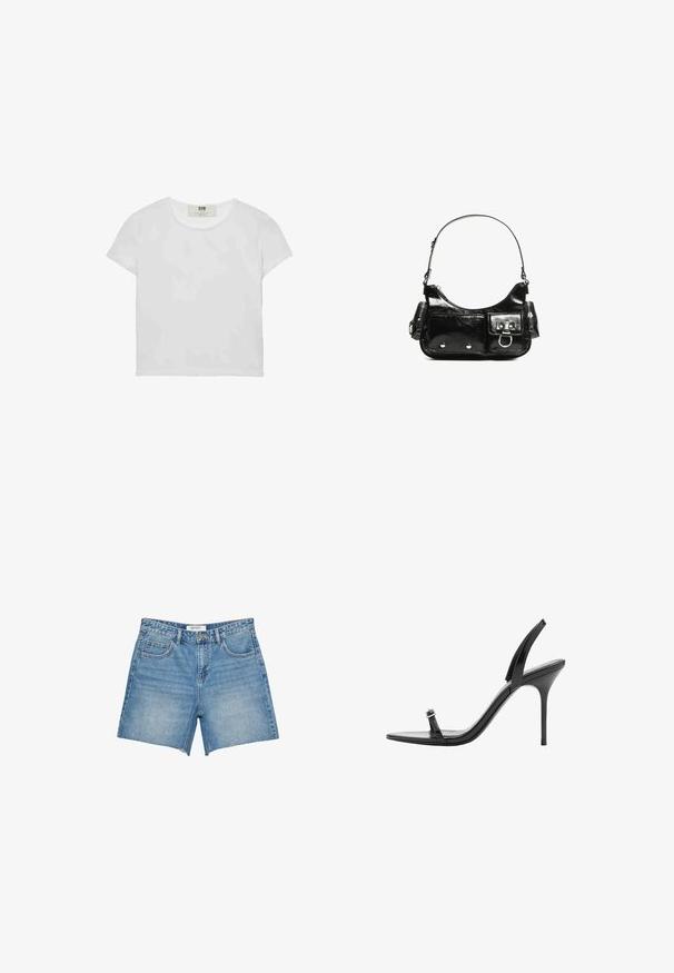 Lyhythemmtä, pyöreäkauluksista valkoista t-paitaa, joka on valmistettu pehmeästä puuvillasta. Paidassa on yksinkertainen, selkeä muotoilu ilman näkyviä kuvioita tai korostuksia.; Vaalean siniset farkkushortsit, joissa on suora leikkaus, risat helmata, viisi taskua ja brändilogo vyötäröllä. Yhtenäinen pesu ja kestävä kangas.; Musta korkeakorkoinen sandaali, jossa on terävä kärki, ohut nauha ja kantapään tukeminen. Valmistettu kiiltävästä materiaalista, jossa on pieni solkiyksityiskohta.; Mustekko mustasta kiiltonahasta valmistettu käsilaukku, jossa on kaareva muoto, yksi olkahihna, etutaskut ja hopeanväriset yksityiskohdat.
