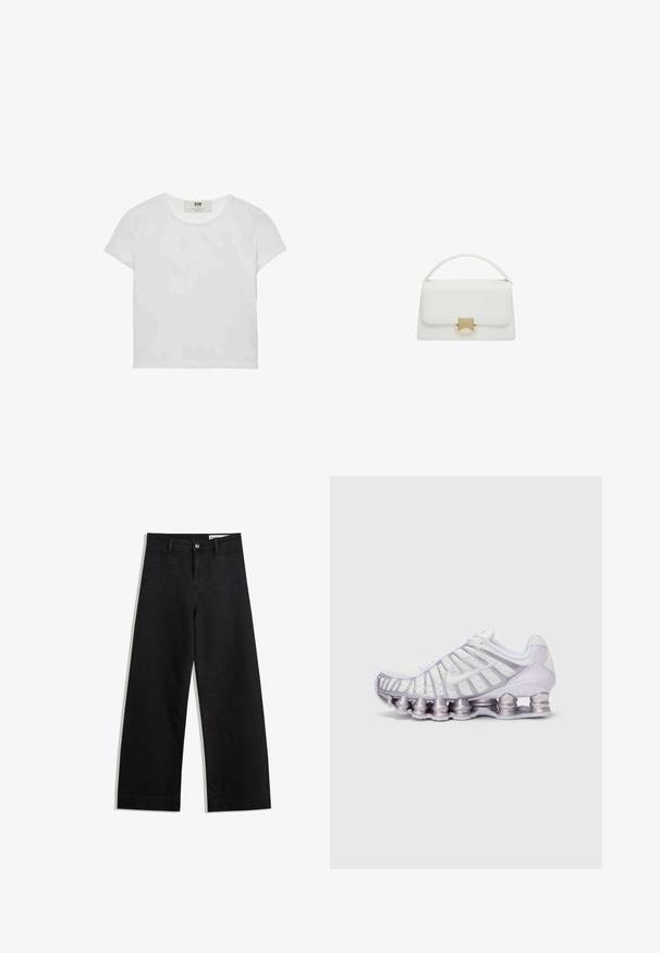 T-shirt bianco a maniche corte e girocollo, realizzato in cotone morbido, con un design semplice e pulito, privo di motivi o dettagli visibili.; Pantaloni in denim neri a gamba larga con vita alta, dotati di tasche anteriori e posteriori, cuciture a punto, e chiusura con bottone. Texture liscia.; Scarpa sportiva bianca e viola con tomaia in mesh, un design a onde distintivo e grandi pod di ammortizzazione arrotondati nella suola.; Borsa a tracolla bianca in pelle con design strutturato, dotata di manico superiore e chiusura in metallo dorato. Texture liscia e accenti minimalisti.