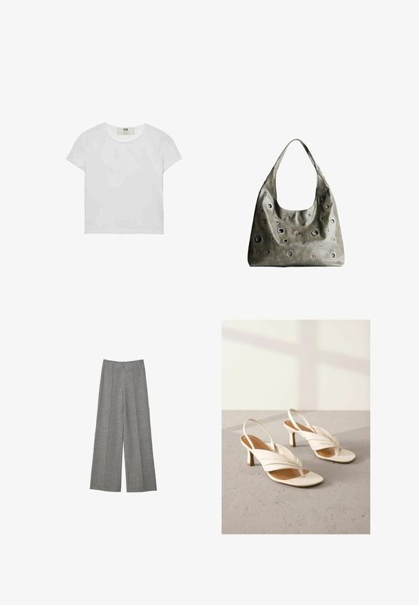 Weißes T-Shirt mit kurzen Ärmeln und Rundhalsausschnitt, aus weicher Baumwolle gefertigt, mit einem schlichten, sauberen Design ohne sichtbare Muster oder Akzente.; Grauweite Beinhosen aus strukturiertem Stoff. Mit Falten an der Vorderseite, einem Bund und ohne sichtbare Verschlüsse.; Weiße Leder Slingback-Absätze mit gedrehtem Vorderdesign, offener Zehenpartie und einem Blockabsatz in mittlerer Höhe. Glatte Oberfläche und minimalistische Akzente.; Olivgrünes Lederhandtäschchen mit einem lässigen Design, das verschiedene runde Ausschnitte in unterschiedlichen Größen und Akzente in dunkleren und helleren Farbtönen aufweist.