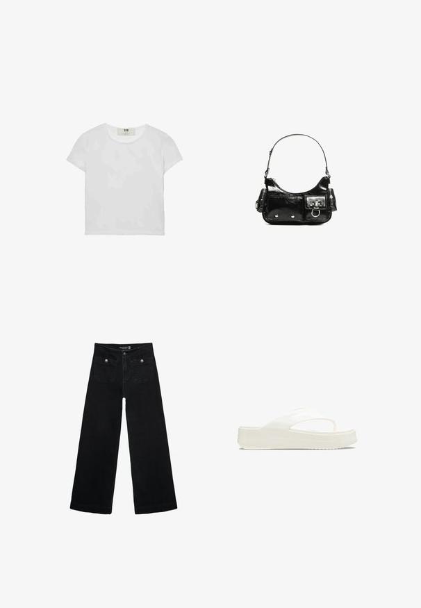 T-shirt blanc à manches courtes et col rond, en coton doux, avec un design simple et épuré, sans motifs ni accents visibles.; Jean's larges noires avec taille haute, dotés de deux poches avant et d'accents en métal sur les boutons. Le tissu a une texture lisse.; Sandales à semelle plate blanches avec un dessus en plastique lisse, un design avec une sangle fendue et une semelle texturée pour une meilleure adhérence. Logo embossé sur le côté.; Sac à main en cuir verni noir avec une forme incurvée, une bandoulière, des poches avant et des accents en métal argenté.