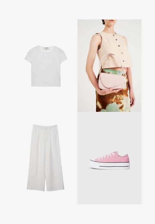 Short-sleeve, round-neck white t-shirt made of soft cotton, featuring a simple, clean design with no visible patterns or accents.; White wide-leg trousers made of lightweight fabric, featuring an elastic waistband and a drawstring for adjustable fit. Smooth texture.; Pink canvas sneakers with a classic low-top design, white rubber toe cap, and black accent stripes on the sole. Flat white laces.; Pink leather handbag with a curved flap, single shoulder strap, and clean lines. The bag exhibits a smooth texture and minimalistic design.