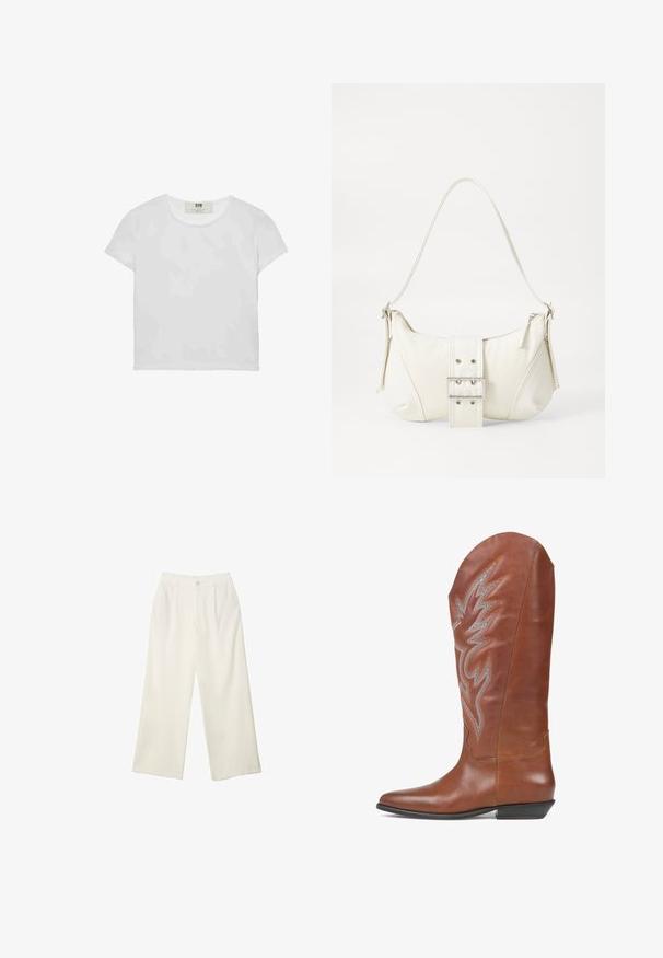 Weißes T-Shirt mit kurzen Ärmeln und Rundhalsausschnitt, aus weicher Baumwolle gefertigt, mit einem schlichten, sauberen Design ohne sichtbare Muster oder Akzente.; Helle Stoffhose mit weitem Bein und glatter Textur, ausgestattet mit einem einzelnen Knopf vorne, dezenten Falten und einem Hochbund-Design.; Braune Leder-Cowboystiefel mit spitzer Zehenform, knöchelhoch, dekorativer Flammenstickerei in Silber und Orange sowie einem niedrigen, schrägen Absatz.; Weiße Schultertasche mit texturierter Oberfläche, zentralem Schnallenakzent und geschwungener Form. Reißverschluss an beiden Seiten.