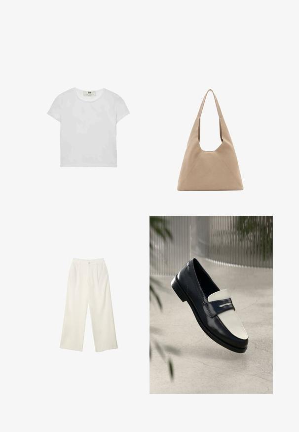 T-shirt blanc à manches courtes et col rond, en coton doux, avec un design simple et épuré, sans motifs ni accents visibles.; Pantalons à jambes larges en tissu crème avec une texture lisse, dotés d'un seul bouton à l'avant, de plis subtils et d'un design taille haute.; Mocassin en cuir noir et blanc avec des coutures décoratives, flottant au-dessus d'un sol en béton avec des plantes floues en arrière-plan.; Sac en toile beige avec une forme triangulaire unique, de larges bretelles et des détails de couture visibles pour plus de structure.