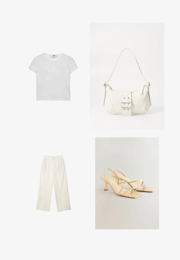 Weißes T-Shirt mit kurzen Ärmeln und Rundhalsausschnitt, aus weicher Baumwolle gefertigt, mit einem schlichten, sauberen Design ohne sichtbare Muster oder Akzente.; Helle Stoffhose mit weitem Bein und glatter Textur, ausgestattet mit einem einzelnen Knopf vorne, dezenten Falten und einem Hochbund-Design.; Beige Absatzsandalen mit quadratischer Zehenpartie, dünnen Riemen und einem metallischen Akzent an der Zehe. Hoher Blockabsatz für Stabilität.; Weiße Schultertasche mit texturierter Oberfläche, zentralem Schnallenakzent und geschwungener Form. Reißverschluss an beiden Seiten.