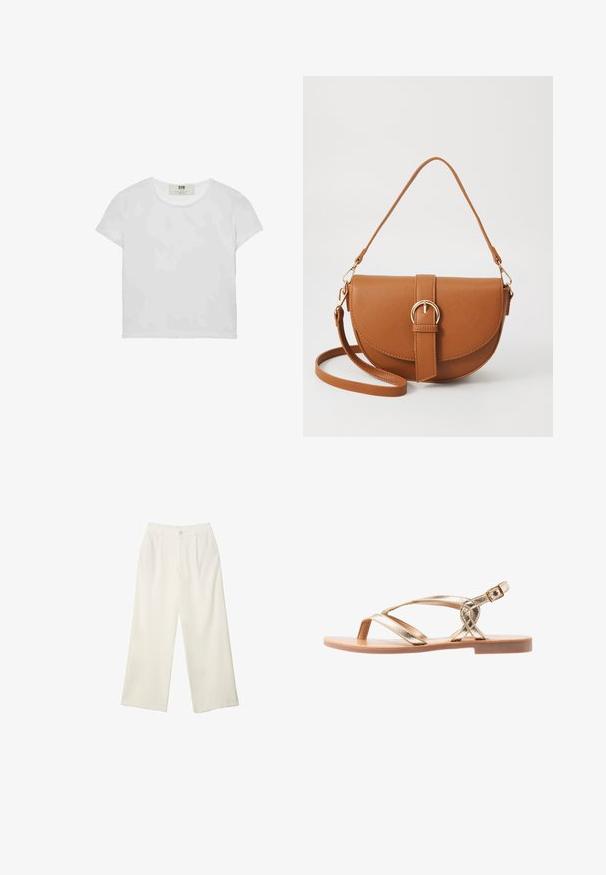 Biele tričko s krátkym rukávom a okrúhlym výstrihom, vyrobené z mäkkého bavlneného materiálu, s jednoduchým a čistým dizajnom bez viditeľných vzorov alebo doplnkov.; Široké nohavice z krémovej látky s hladkou textúrou, s jedným predným gombíkom, jemnými skladmi a vysokým pásom.; Zlaté kovové sandále s prekríženými pásikmi, plochou podrážkou a prackou na členku. Hladká textúra a otvorený dizajn pre priedušnosť.; Hnedá kožená kabelka cez telo s zakriveným tvarom, zlatými kovovými doplnkami a akcentom s prackou. Obsahuje odnímateľný ramenný popruh.; Stradivarius FLORAL - Náhrdelník - beige