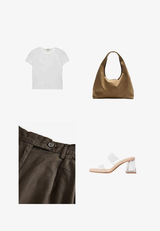 Weißes T-Shirt mit kurzen Ärmeln und Rundhalsausschnitt, aus weicher Baumwolle gefertigt, mit einem schlichten, sauberen Design ohne sichtbare Muster oder Akzente.; Braune Leinenhosen mit Knopfverschluss, Falten auf der Vorderseite und einem strukturierten Stoff. Der Bund ist mit sichtbaren Nähten gestaltet.; Transparente Sandalen mit Absatz, die zwei klare Riemen, eine beige Sohle und einen geometrischen klaren Blockabsatz aufweisen. Minimalistisches Design mit glatter Textur.; Braune Stoffschultertasche mit einem breiten, runden Körper und einem großen Ausschnittgriff. Sanfte Textur, minimalistisches Design und keine sichtbaren Beschläge.