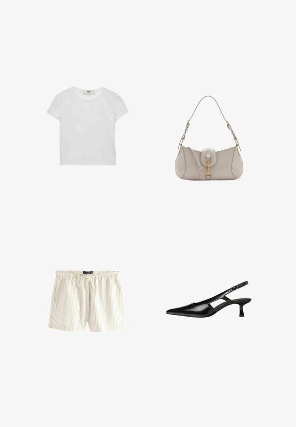 T-shirt blanc à manches courtes et col rond, en coton doux, avec un design simple et épuré, sans motifs ni accents visibles.; Shorts clairs en crème avec des rayures verticales bleues, en tissu doux, dotés d'une taille élastique avec cordon de serrage et de poches latérales.; Escarpins slingback en cuir verni noir avec un bout pointu, un design découpé sur les côtés et un petit talon carré. Texture lisse avec des accents minimaux.; Sac à main en cuir gris clair avec une forme courbée, ferrures dorées, un fermoir avant et des détails de couture. Bandoulière ajustable incluse.