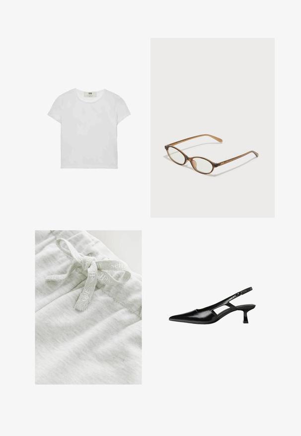 Bela majica s kratkimi rokavi in okroglim ovratnikom, izdelana iz mehke bombažne tkanine, ki ima preprost, čist dizajn brez vidnih vzorcev ali poudarkov.; Svetlo siva tkanina z mehko teksturo, ki vsebuje detajl v obliki metuljčka, narejenega iz usklajene teksturirane vrvice na pasu.; Črne patentični usnjeni salonarji s slingback designom, z zašiljenim nosom, izrezanim stranskim dizajnom in majhnim kvadratnim peto. Gladka tekstura z minimalnimi detajli.; Rjavo želvovina očala z ovalnimi lečami, tankimi ročaji in prosojnimi detajli. Imajo subtilen logo na templetu. Eleganten, lahek dizajn.; Rjava usnjena torba z gladko teksturo, odprto zasnovo zgoraj in dvema naramnima trakovoma. Opremljena je z minimalnim šivanjem in brez vidnih kovinskih delov.