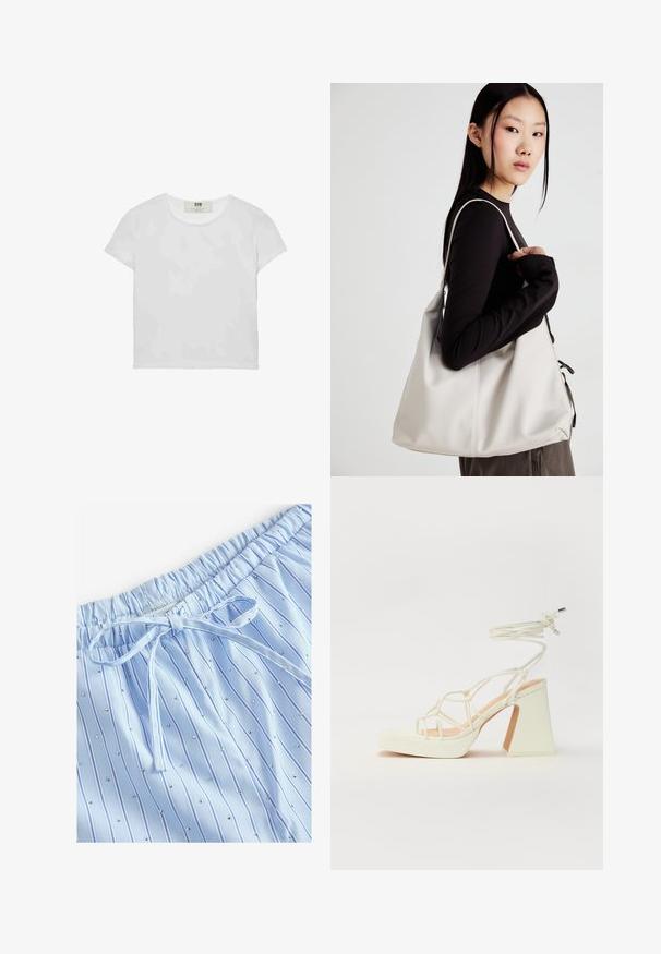 Bela majica s kratkimi rokavi in okroglim ovratnikom, izdelana iz mehke bombažne tkanine, ki ima preprost, čist dizajn brez vidnih vzorcev ali poudarkov.; Svetlo modri pizama šorti z navpičnimi črtami in majhnimi odbojnimi žebljički. Elastičen pas z vrvico za prilagajanje.; Bela sandala na visokih petah s debelim petam, ki ima obliko trakcev in vezanje okoli gležnja. Gladka tekstura z platformo spredaj za dodatno višino.; Bežna torbica iz mehkega materiala, z ohlapno zasnovo, šivi in dvema naramnicama. Primerna za vsakodnevno uporabo.
