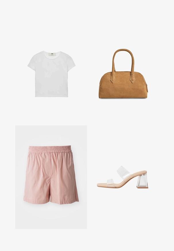 Lyhythemmtä, pyöreäkauluksista valkoista t-paitaa, joka on valmistettu pehmeästä puuvillasta. Paidassa on yksinkertainen, selkeä muotoilu ilman näkyviä kuvioita tai korostuksia.; Vaaleanpunaiset shortsit, joissa on punaisia ja valkoisia pystysuoria raitoja. Joustava vyötärö; rento istuvuus; sileä rakenne, jossa on minimaalista yksityiskohtaisuutta.; Läpinäkyvät korkokenkä sandaalit, joissa on kaksi kirkasta remmiä, beige pohja ja geometrija kirkas lohkokorko. Minimalistinen muotoilu sileällä pintarakenteella.; Beige mokkanahka käsilaukku, jossa on jämäkkä muotoilu, kahdella kahvalla ja kolmion muotoisilla aukkoilla, sekä vetoketjukiinnitys ylhäällä.