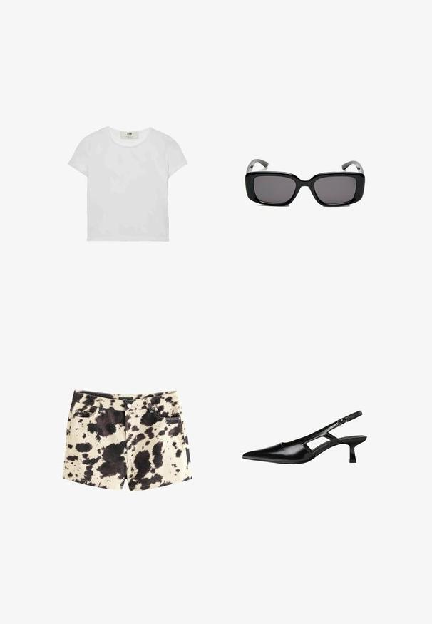 Short-sleeve, round-neck white t-shirt made of soft cotton, featuring a simple, clean design with no visible patterns or accents.; Denim shorts with a beige base and a black and brown cow print. Features five pockets, metal button closure, and contrast stitching.; Black patent leather slingback heels with a pointed toe, cut-out side design, and a small square heel. Smooth texture with minimal accents.; Black rectangular sunglasses with dark lenses, smooth plastic frame, and curved temples. The design is chunky with a minimalist aesthetic.