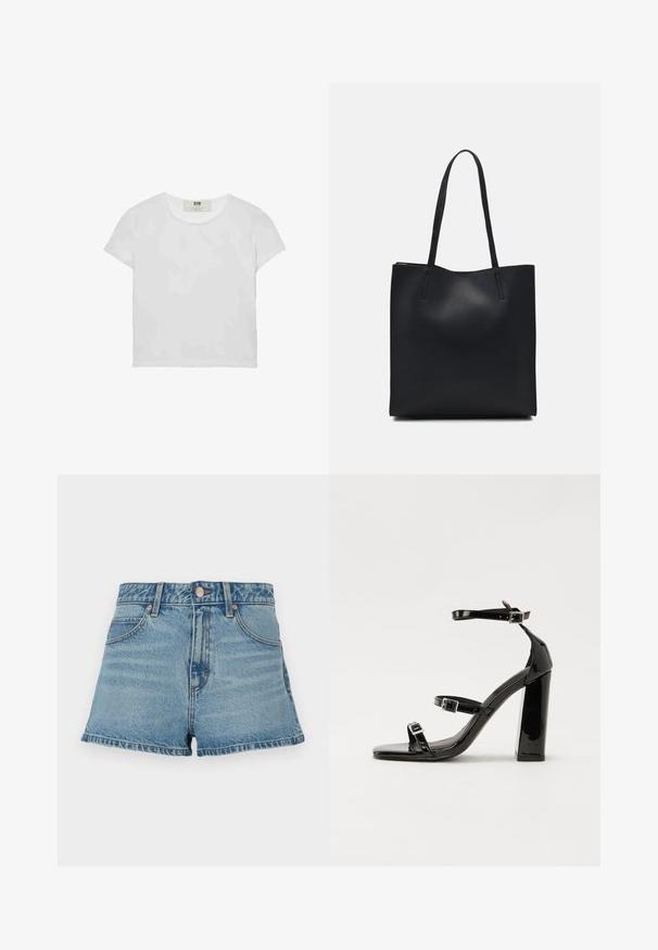Bela majica s kratkimi rokavi in okroglim ovratnikom, izdelana iz mehke bombažne tkanine, ki ima preprost, čist dizajn brez vidnih vzorcev ali poudarkov.; Svetlo modri kavbojski kratki hlače z visokim pasom, strganimi robovi, kontrastnim šivom in sprednjimi žepi. Vključuje kovinski gumb in oznako blagovne znamke.; Črne lakirane sandale s peto, kvadratnim prstom, trakovi okrog gležnja in srebrnimi zaponkami. Opremljene so s stabilno Debelo peto.; Črna usnjena torba s svilnato teksturo, pravokotne oblike in dvema dolgima ročajema. Brez vidnih metalnih delov ali okrasnih elementov.