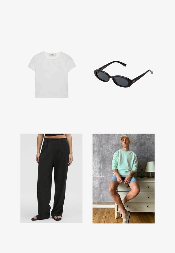 Bela majica s kratkimi rokavi in okroglim ovratnikom, izdelana iz mehke bombažne tkanine, ki ima preprost, čist dizajn brez vidnih vzorcev ali poudarkov.; Črne široke hlače z gladko teksturo, visokim pasom, sprednjimi gubami in pasom za pas, s prilagojenim dizajnom in brez vidnih vzorcev.; Menta zelena majica, jeans kratke hlače in olivno zelene natikače. Sedi na svetlem predalu ob teksturirani sivi steni.; Črne oversize sončne očala z ovalnimi lečami, gladkim plastičnim okvirjem in zlatenimi detajli na templjih. Temne leče zagotavljajo zaščito pred soncem.