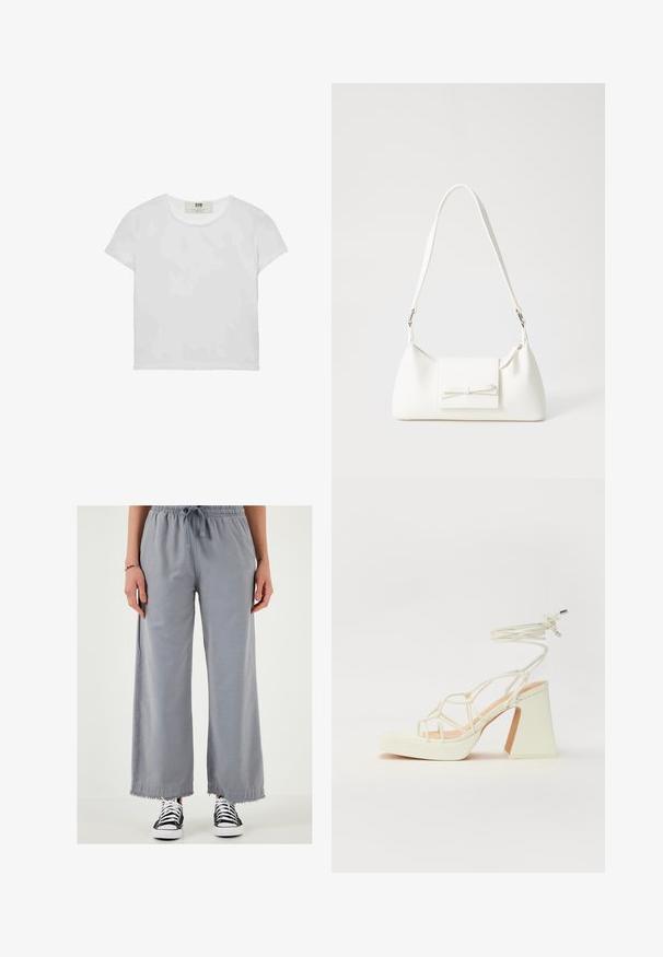 Kortærmet, rundhalset hvid t-shirt lavet af blød bomuld, med et simpelt, rent design uden synlige mønstre eller accenter.; Store bukser i grå med bred benvidde, snor i taljen og ophængte kanter, lavet af et let materiale. Sammen med sort-hvide sneakers.; Hvide højhælede sandaler med en kraftig hæl, der har et stropdesign og ankelbinding. Glat tekstur med en platform foran for ekstra højde.; Hvid syntetisk håndtaske med en trekantet form, flad forsideklap og sløjfedetalje, justerbar strop, glat tekstur og minimalistisk design.