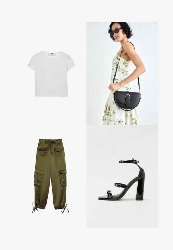 T-shirt bianco a maniche corte e girocollo, realizzato in cotone morbido, con un design semplice e pulito, privo di motivi o dettagli visibili.; Pantaloni cargo verde oliva realizzati in tessuto morbido, dotati di due tasche frontali, cintura regolabile e polsini elasticizzati con lacci alle caviglie.; Sandali con tacco in vernice nera, con punta squadrata, cinturini alla caviglia e fibbie in argento. Presentano un tacco a blocco spesso per maggiore stabilità.; Borsa a tracolla nera in pelle con una forma curva, manico rimovibile e accessori dorati. La borsa presenta una patta con un dettaglio a fibbia.