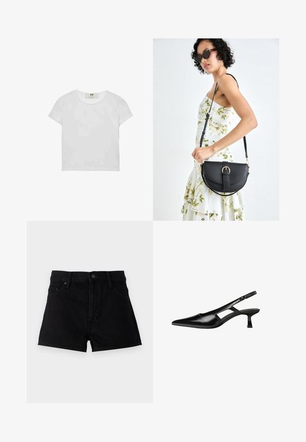 Lyhythemmtä, pyöreäkauluksista valkoista t-paitaa, joka on valmistettu pehmeästä puuvillasta. Paidassa on yksinkertainen, selkeä muotoilu ilman näkyviä kuvioita tai korostuksia.; Mustat farkkushortsit, joissa on korkea vyötärö, viisi taskua, nappikiinnitys ja siisti viimeistely ilman koristeita.; Mustat lakatut nahkakengät, joissa on viistopää, leikattu sivusuunnassa ja pieni neliökoroke. Sujuva pinta, jossa on minimaalinen koristelu.; Musta nahkainen käsilaukku, joka on kaareva muotoilultaan, irrotettavalla hihnalla ja kultaisilla yksityiskohdilla. Laukussa on läppä, jossa on solk yksityiskohta.