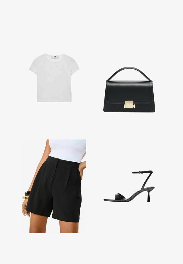 Biele tričko s krátkym rukávom a okrúhlym výstrihom, vyrobené z mäkkého bavlneného materiálu, s jednoduchým a čistým dizajnom bez viditeľných vzorov alebo doplnkov.; Friends Like These REGULAR FIT - TAILORED ELASTIC BACK - Šortky - black; Bershka Sandále na vysokom opätku - black; Čierna kožená kabelka so štruktúrovaným prevedením, horným madlom a detailom zlatého kovového uzáveru na prednej strane. Hladká textura, minimálne šitie.