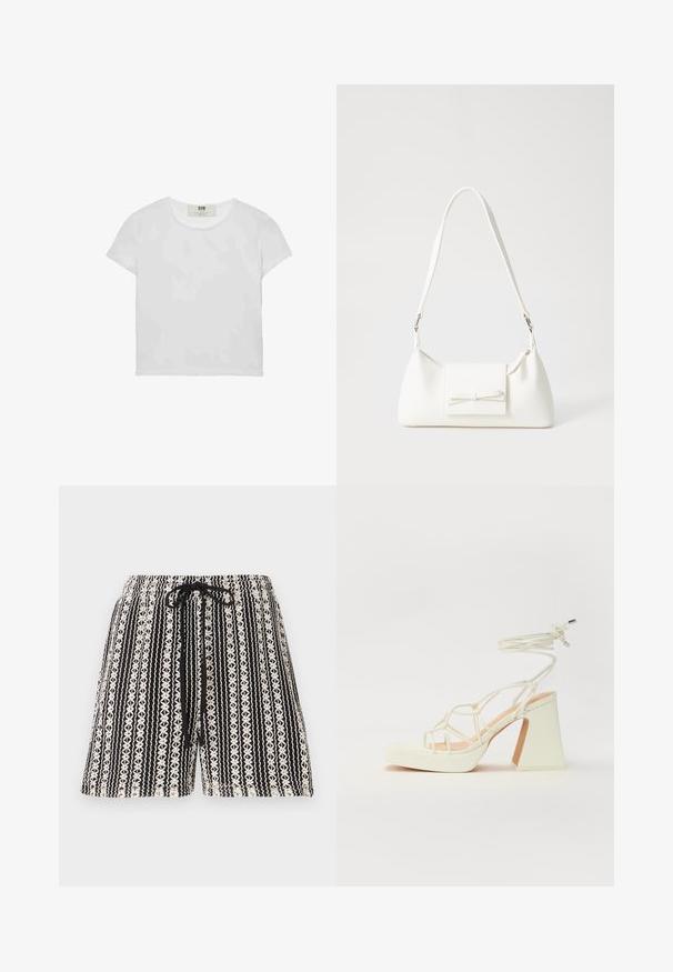 Biele tričko s krátkym rukávom a okrúhlym výstrihom, vyrobené z mäkkého bavlneného materiálu, s jednoduchým a čistým dizajnom bez viditeľných vzorov alebo doplnkov.; Čiernobiele krátke nohavice s viazaním v páse, so zvislými pruhmi a kvetinovými motívmi po celom povrchu.; Biele sandále na vysokom opätku s hrubým podpätkom, s pruhovaným dizajnom a viazaním na členku. Hladký povrch s platformou vpredu pre zvýšenú výšku.; Biela syntetická kabelka s trojuholníkovým tvarom, plochým predným klapkou a detailom mašle, nastaviteľným popruhom, hladkou textúrou a minimalistickým dizajnom.