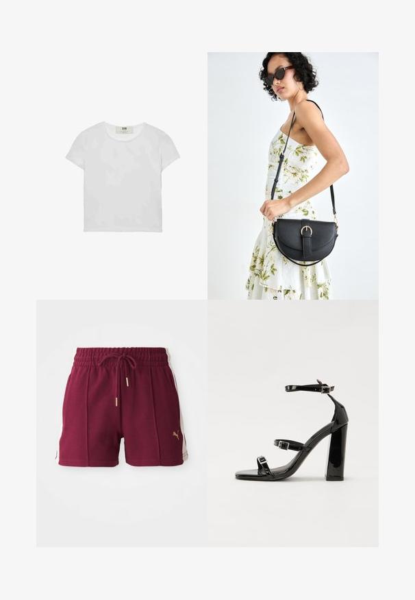 Bela majica s kratkimi rokavi in okroglim ovratnikom, izdelana iz mehke bombažne tkanine, ki ima preprost, čist dizajn brez vidnih vzorcev ali poudarkov.; Bordo atletske hlače s teksturirano tkanino, elastičnim pasom, vezicom i kremasto-belimi bočnimi paneli s zlatim logotipom.; Črne lakirane sandale s peto, kvadratnim prstom, trakovi okrog gležnja in srebrnimi zaponkami. Opremljene so s stabilno Debelo peto.; Črna usnjena torbica s ukrivljeno obliko, z odstranljivo naramnico in zlatimi dodatki. Torbica ima pokrov s podrobnostmi v obliki zaponke.