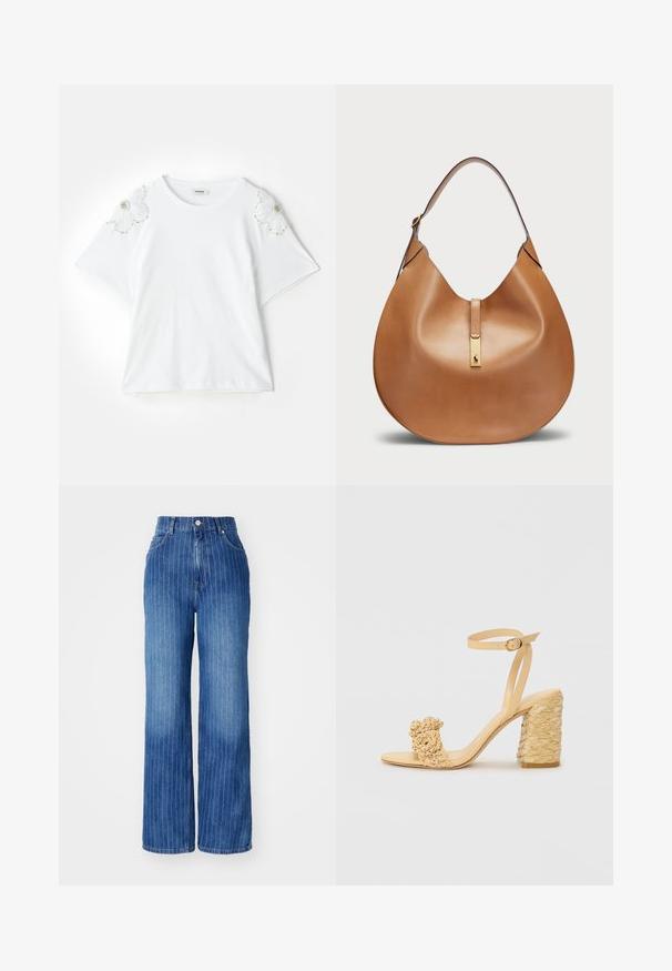 sandro Nyomott mintás póló - blanc; Kék farmer, bő szárú nadrág függőleges fehér csíkokkal, magas derék, öt zseb és gombos cipzárral záródik.; Bézs színű magassarkú szandál fonott textúrával, díszítő virággal és bokapánttal. A négyzet alakú sarok stabilitást biztosít.; Barna bőr kézitáska íves formával és széles vállpánttal. Középen arany fém díszítéssel és sima felülettel rendelkezik.