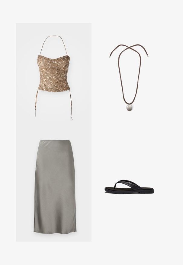 Pletený bezramínkový top ve zlaté barvě, s texturovaným, flitrovaným povrchem a vázáním v pase pro nastavitelnou velikost. Hladký, těsně přiléhající silueta.; Šedá saténová midi sukně s elegantní, hladkou texturou. Jemné boční rozparky zvyšují pohyb. Minimalistický design, upnutý pas a rovný silueta.; Černé žabky s měkkou gumovou podrážkou a elegantními syntetickými popruhy. Design obsahuje minimální kovové prvky a nízký profil.; Náhrdelník s hnědou šňůrou a stříbrným oválným přívěskem. Přívěsek má hladký povrch a mírné prohloubení ve středu.