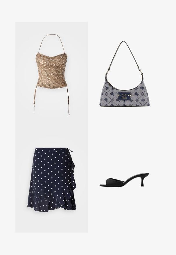 Top sans bretelles tressé en or, avec une surface texturée et pailletée et des liens à la taille pour un ajustement réglable. Silhouette lisse et ajustée.; GANT DOT PRINT FRILL SKIRT - Jupe portefeuille - evening blue; Mules noires à talons avec un large bout ouvert et un dessus incurvé. Fabriqués en tissu texturé, avec un talon mince et une semelle lisse.; Sac à main de style hobo en tissu bleu marine avec un motif en losange, comprenant une plaque logo et une bandoulière lisse. Surface texturée.